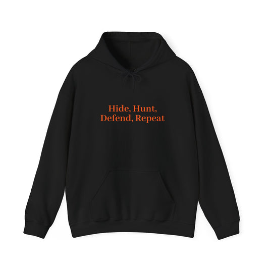 Outlaw Skull Hunting Hoodie — "Hide, Hunt, Defend, Repeat" Hooded Sweatshirt