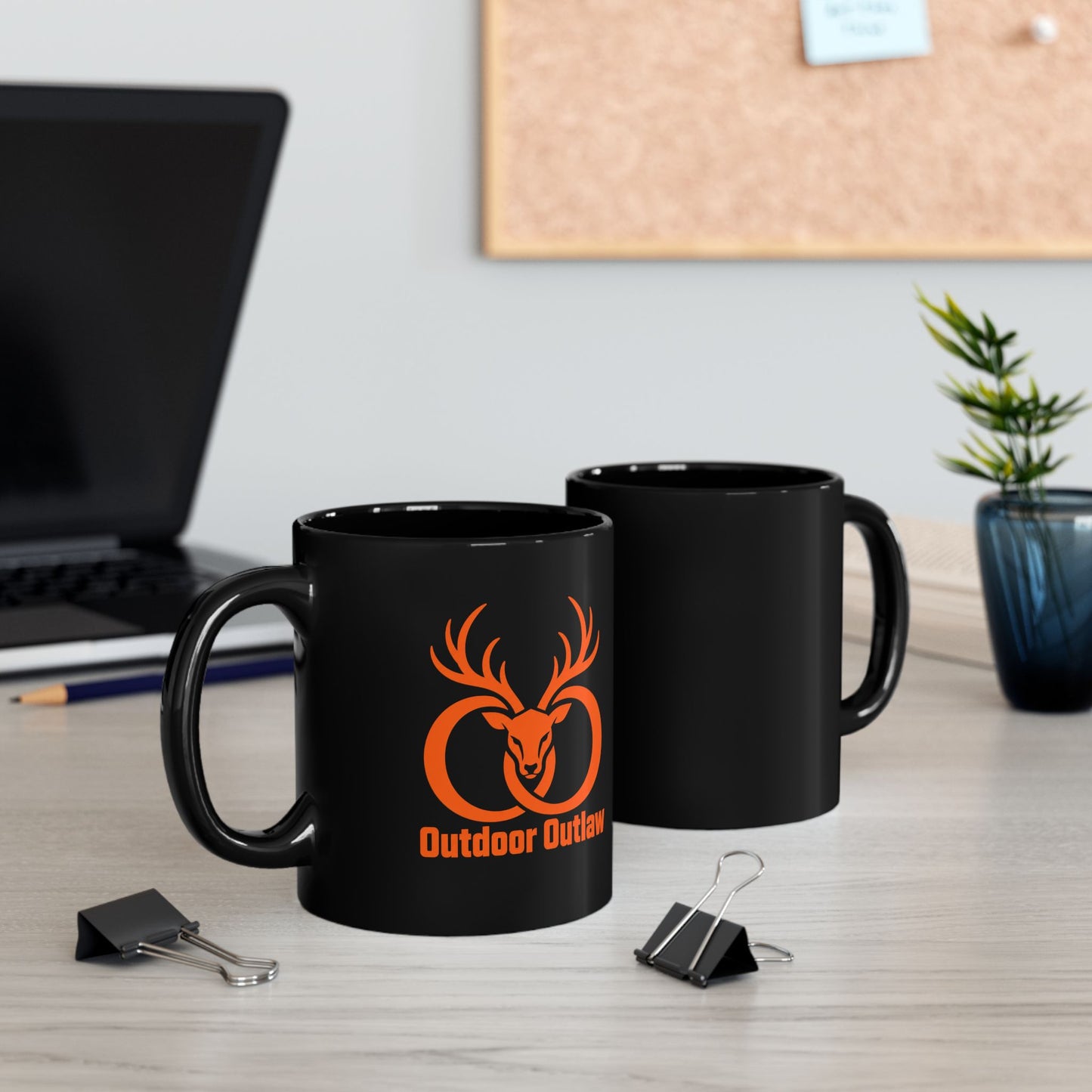 Outlaw Deer Antler Mug — Black Coffee Cup with Orange Buck Logo (11oz, 15oz)