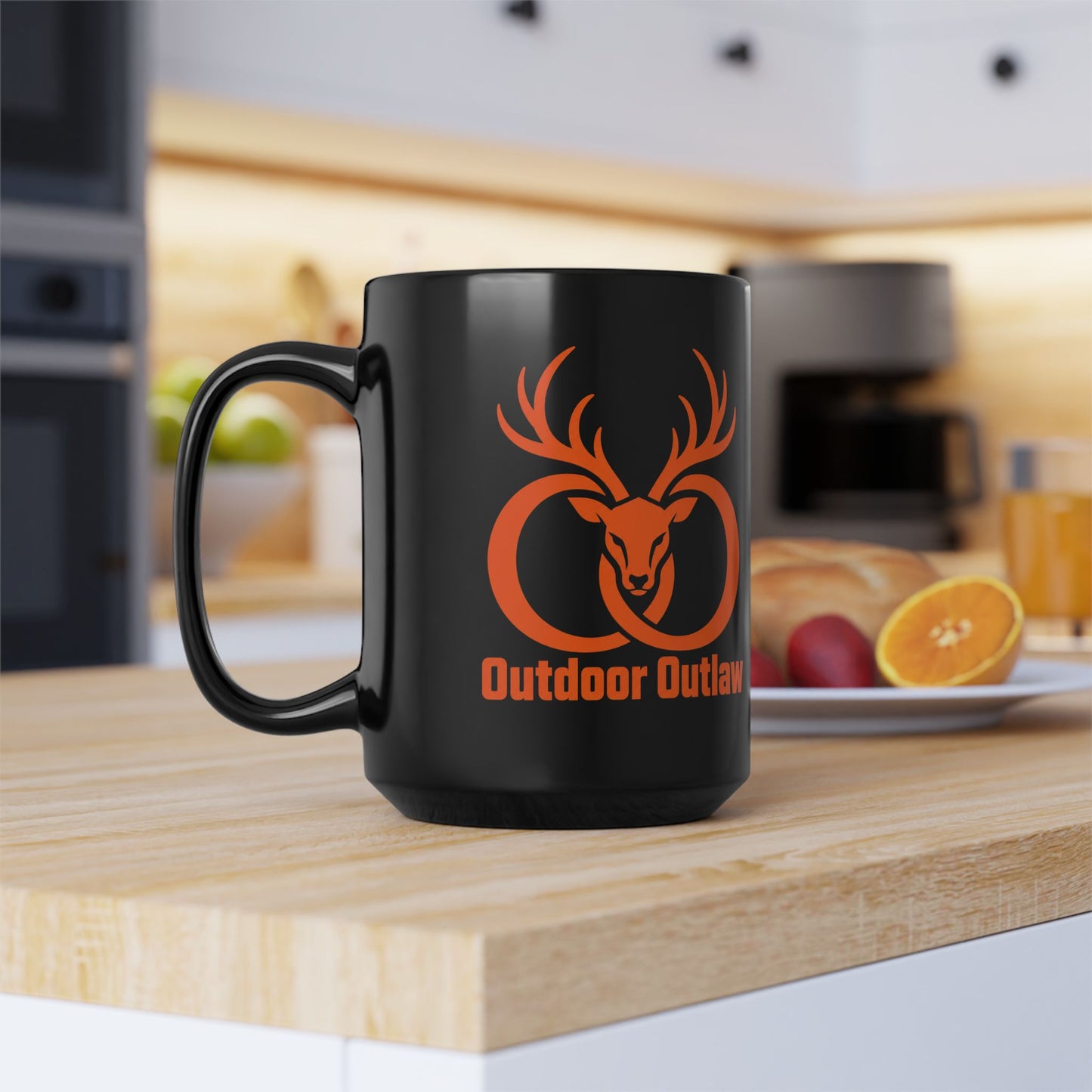 Outlaw Deer Antler Mug — Black Coffee Cup with Orange Buck Logo (11oz, 15oz)