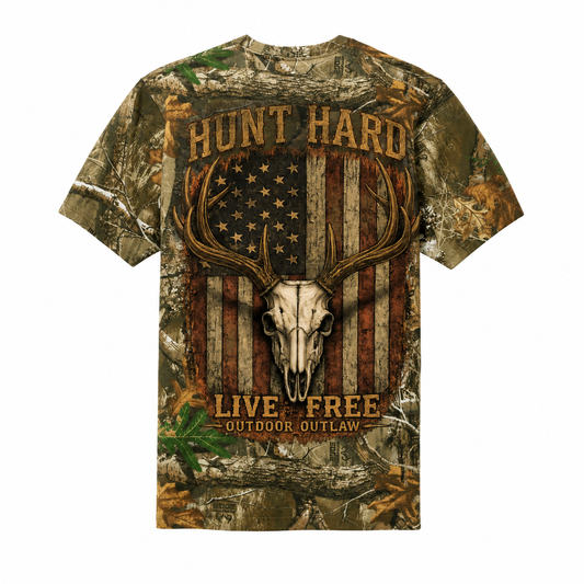 Hunting Tee — "Hunt Hard Live Free" Deer Skull American Flag Graphic