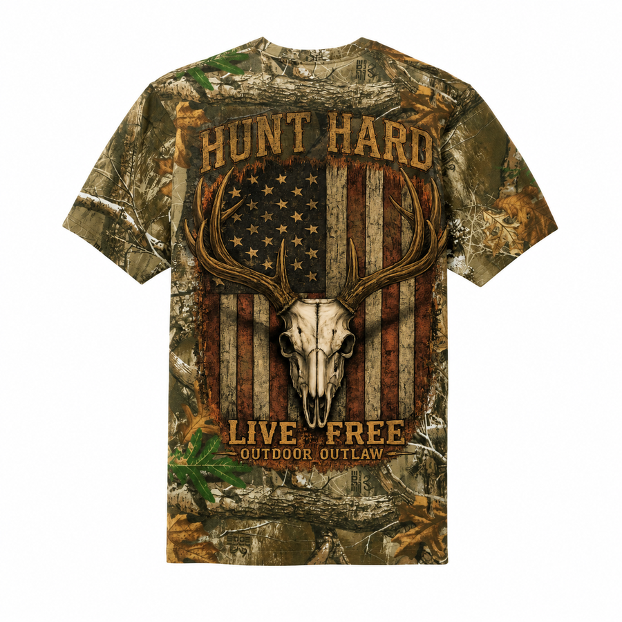 Hunting Tee — "Hunt Hard Live Free" Deer Skull American Flag Graphic