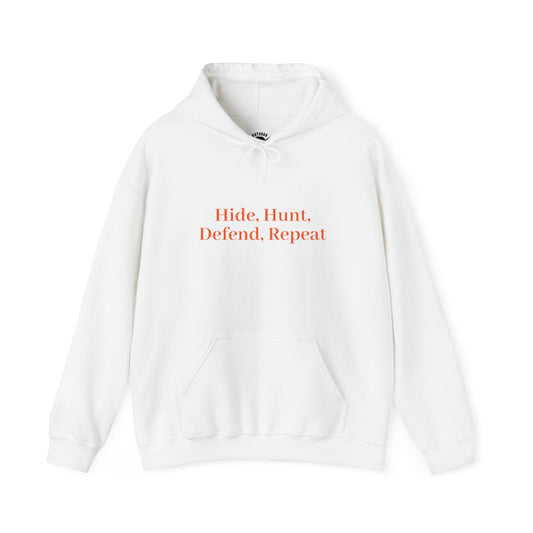 Outlaw Skull Hunting Hoodie — "Hide, Hunt, Defend, Repeat" Hooded Sweatshirt
