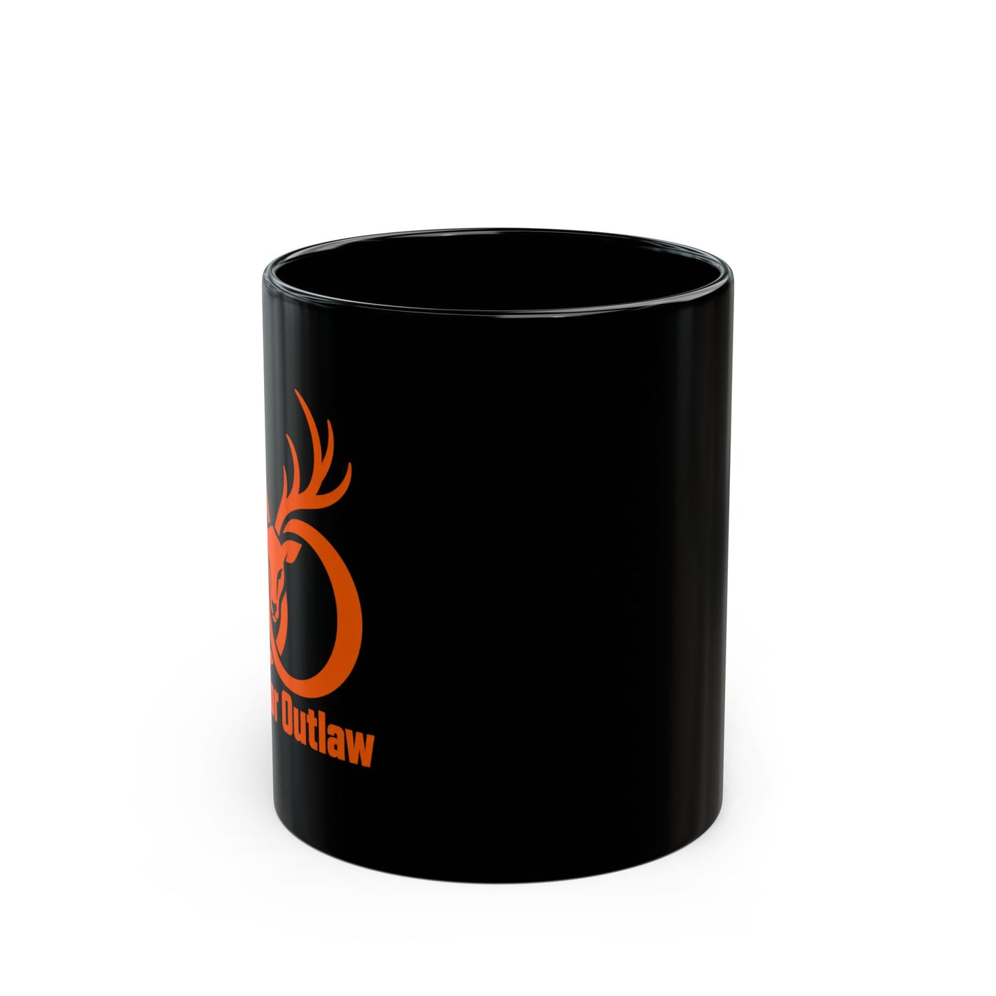 Outlaw Deer Antler Mug — Black Coffee Cup with Orange Buck Logo (11oz, 15oz)