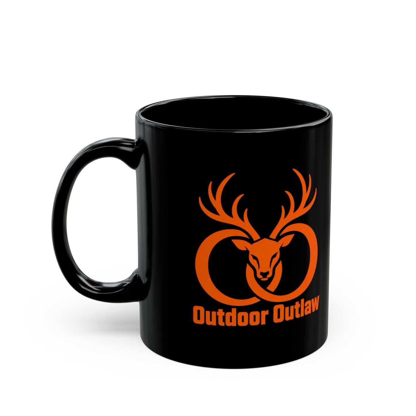 Outlaw Deer Antler Mug — Black Coffee Cup with Orange Buck Logo (11oz, 15oz)