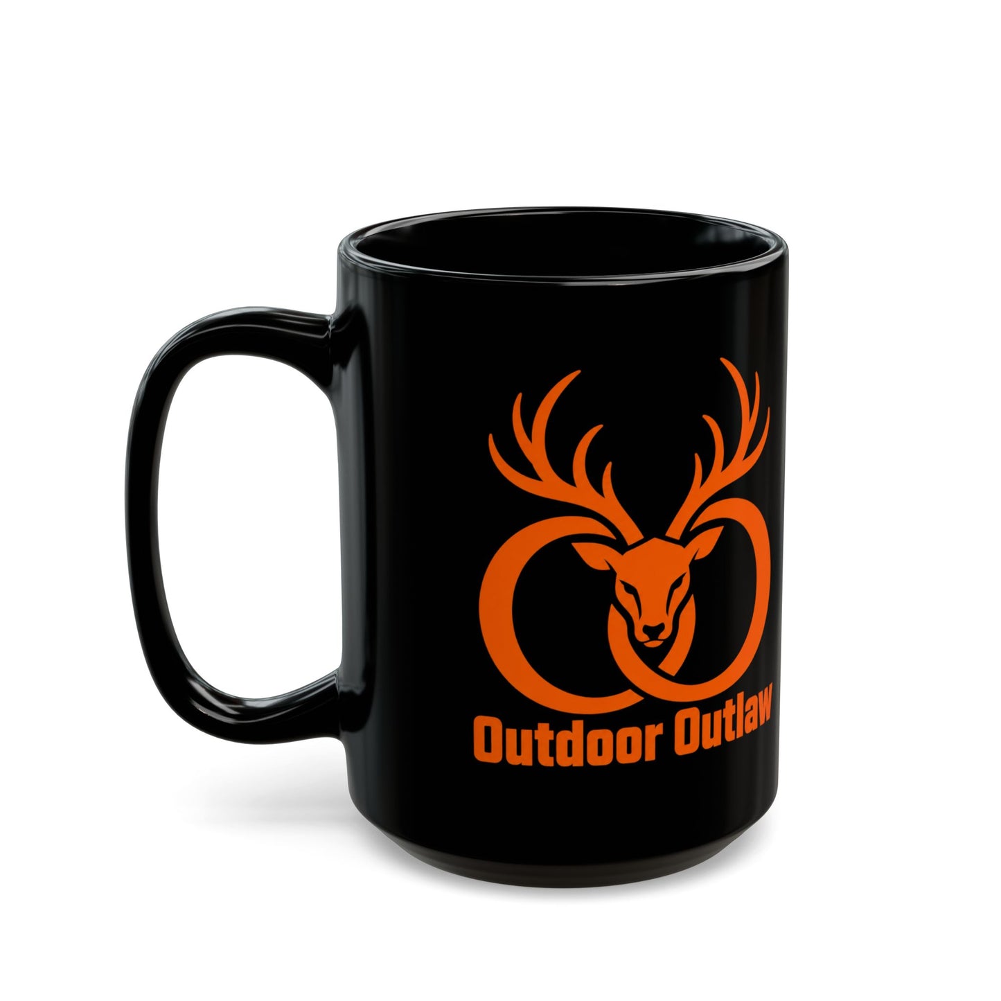 Outlaw Deer Antler Mug — Black Coffee Cup with Orange Buck Logo (11oz, 15oz)