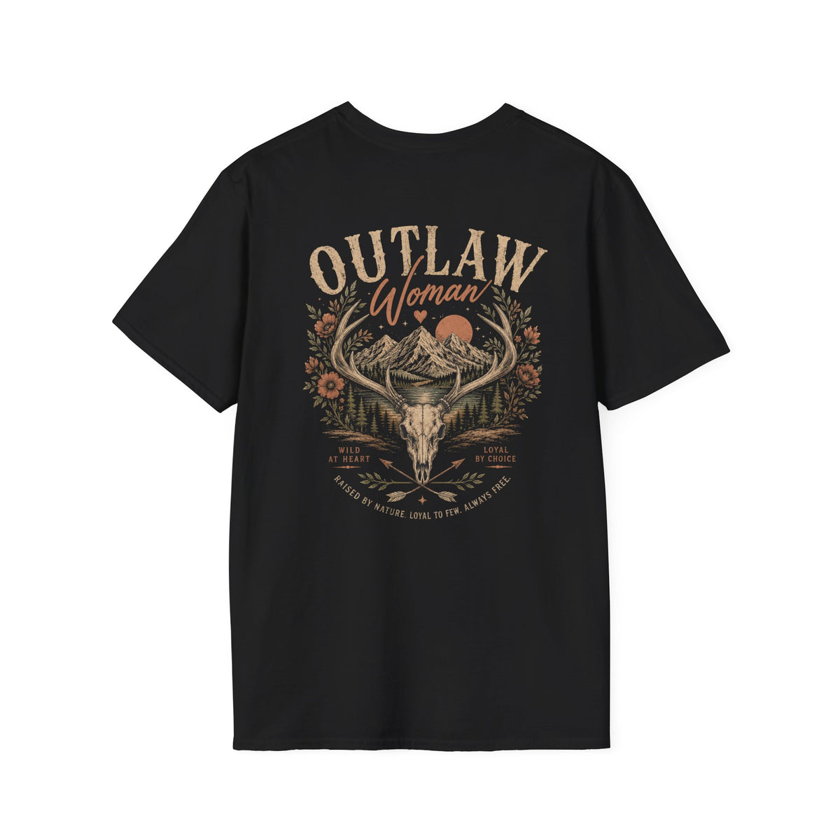 Outlaw Woman T-Shirt — Western Skull & Antlers Graphic Tee