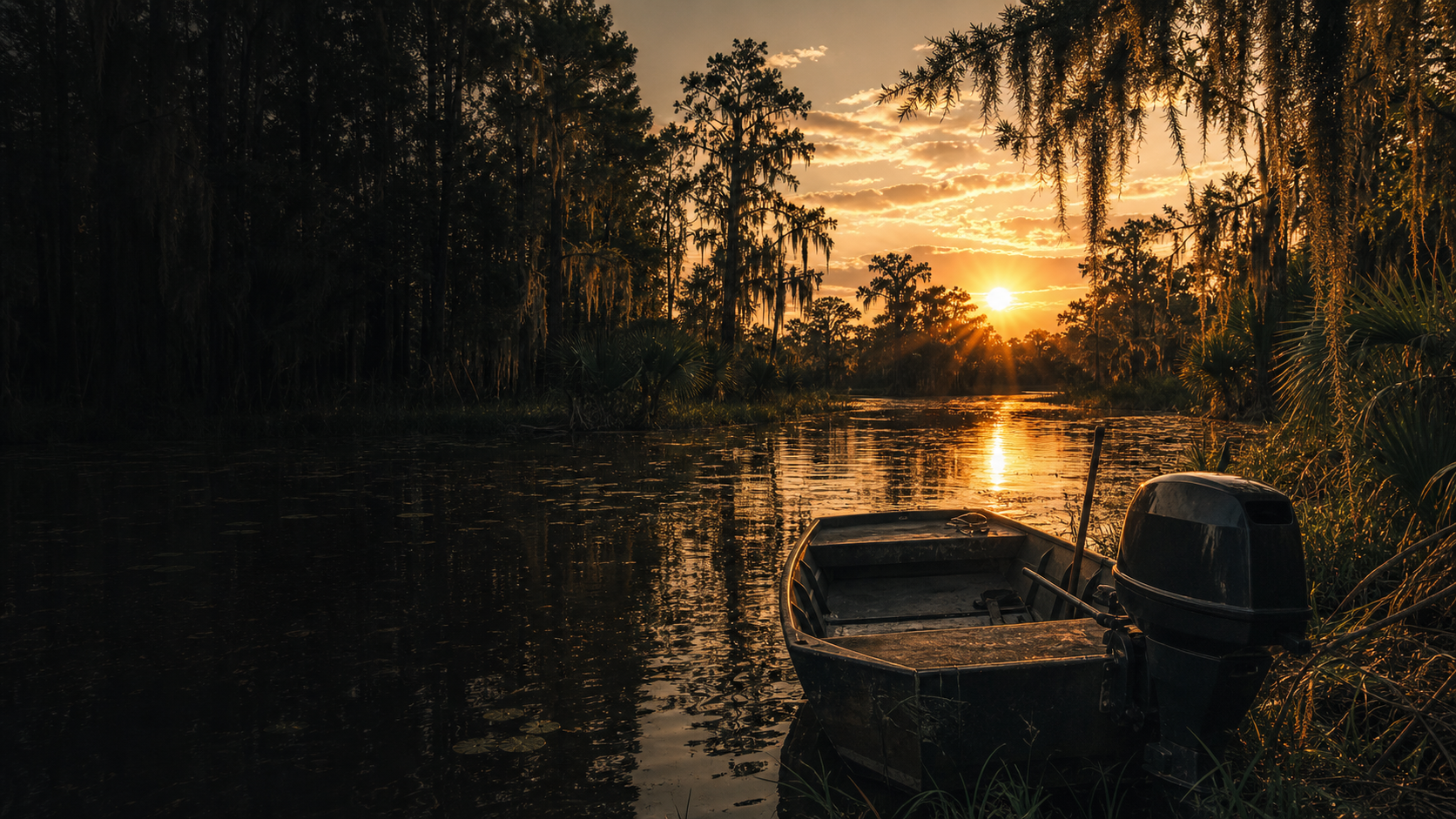 Florida backwoods swamp sunset with jon boat